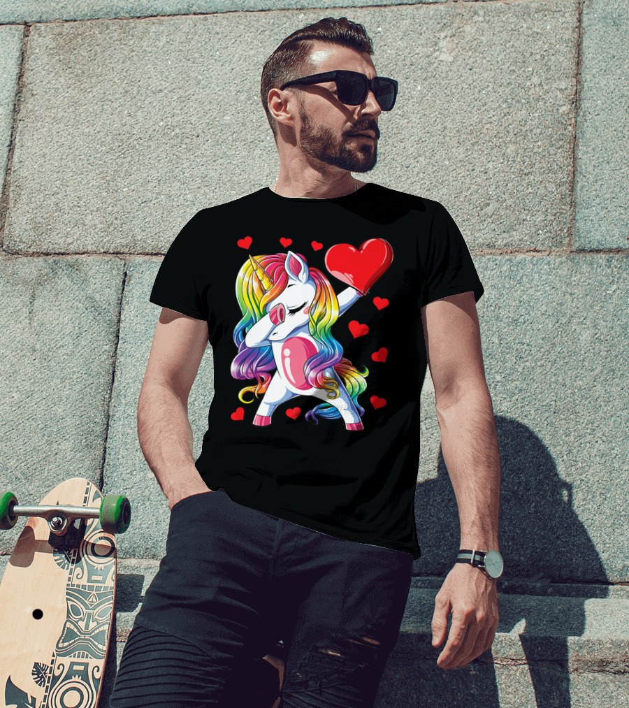 Valentine's Day Rainbow Dabbing Unicorn With Heart And Hearts T-Shirt
