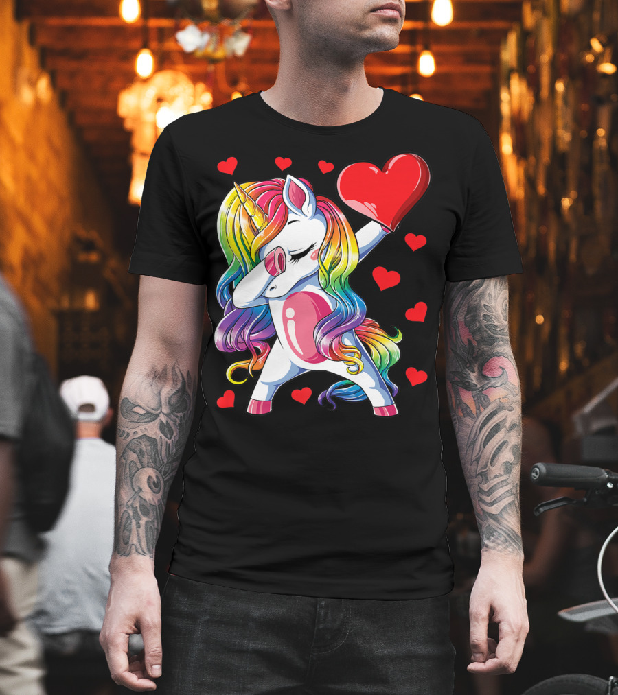 Valentine's Day Rainbow Dabbing Unicorn with Heart and Hearts T-Shirt