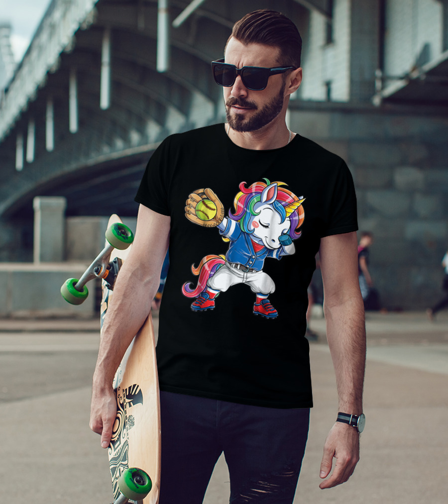 Dabbing Rainbow Unicorn In Softball Uniform Girls Dab T-Shirt