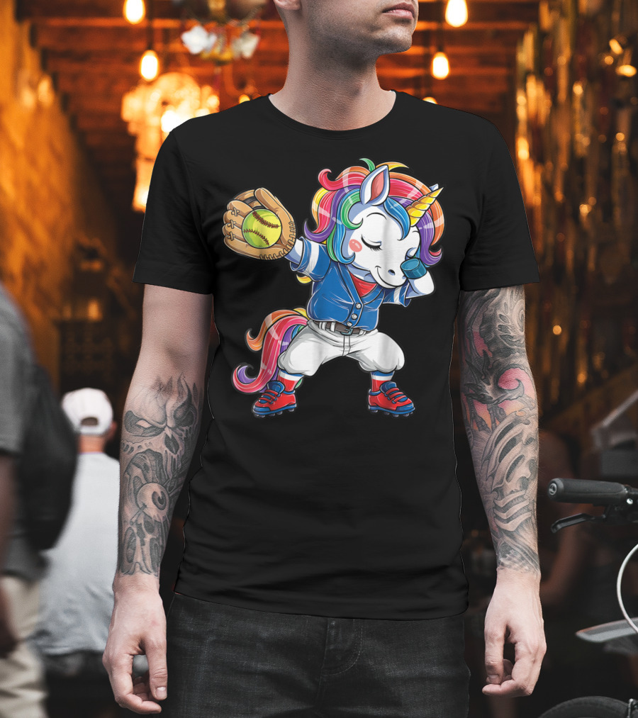 Dabbing Rainbow Unicorn In Softball Uniform Girls Dab T-Shirt