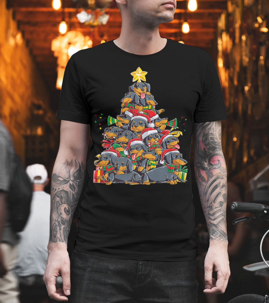 Dachshund Christmas Tree With Santa Hats And Gifts T-Shirt
