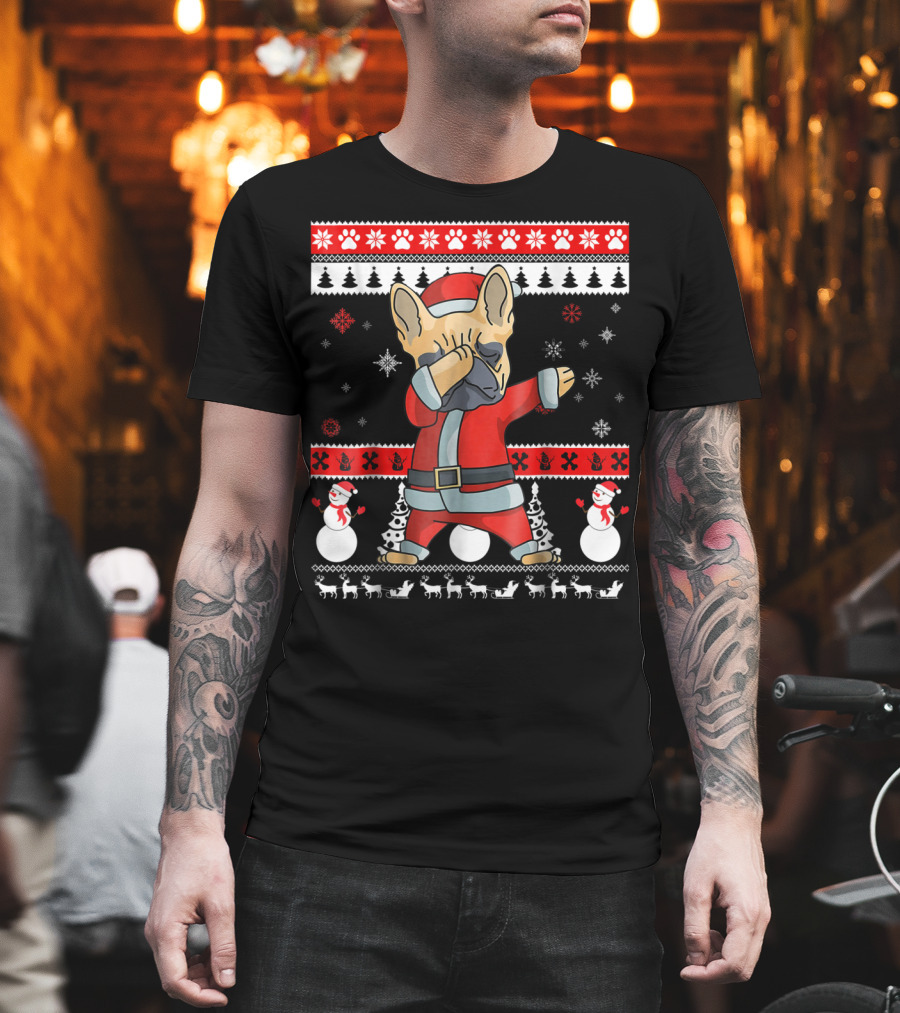Dabbing French Bulldog Christmas Santa Ugly Sweater Snowflakes Snowmen T-Shirt
