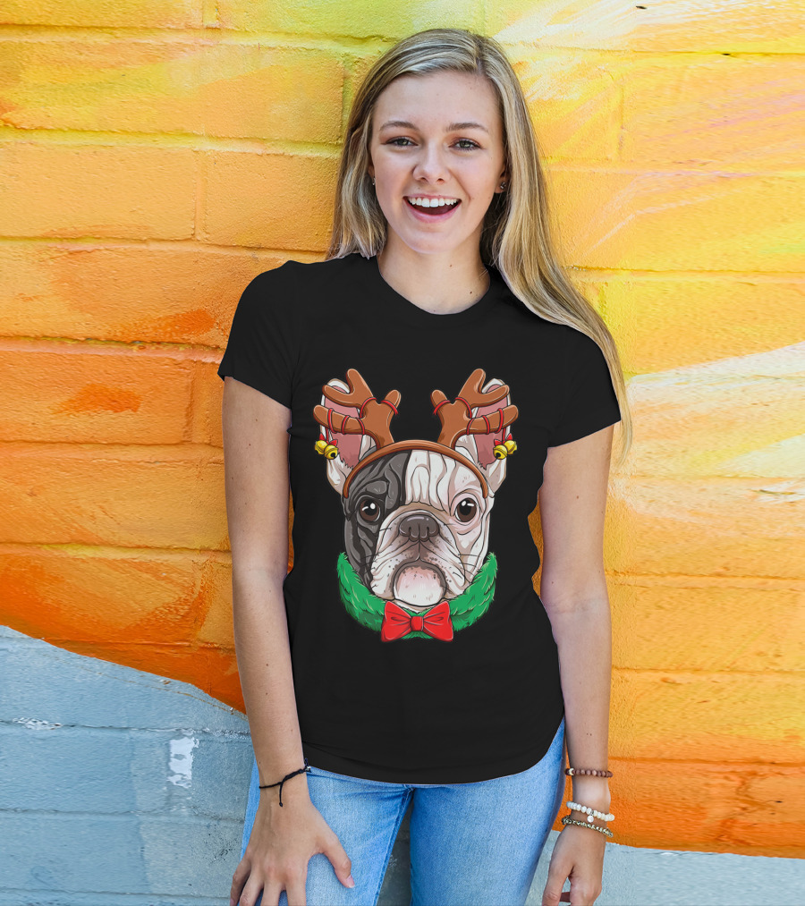 French Bulldog With Christmas Reindeer Antlers And Bow Tie T-Shirt