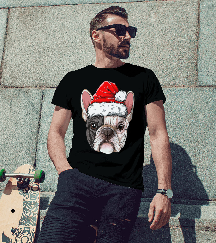 French Bulldog Wearing Santa Hat T-Shirt