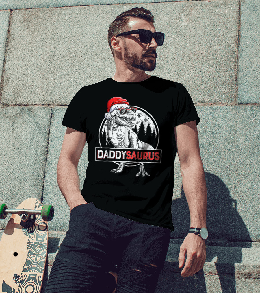Daddysaurus Dinosaur Christmas Rex With Santa Hat And Sunglasses T-Shirt