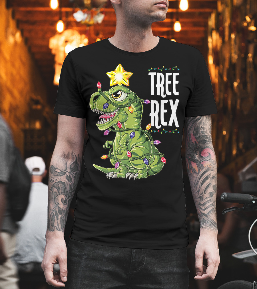 Tree Rex Dinosaur Christmas Lights and Star T-Shirt
