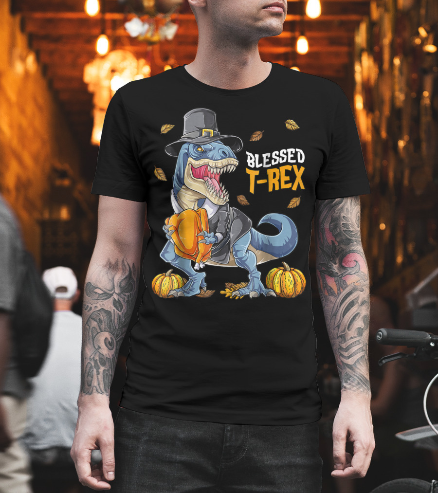 Blessed T-Rex Thanksgiving Pilgrim Dinosaur With Pumpkins T-Shirt