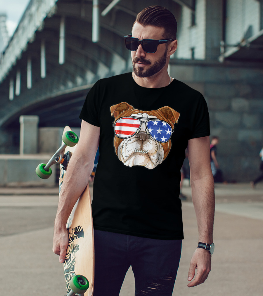 English Bulldog Wearing American Flag Sunglasses T-Shirt