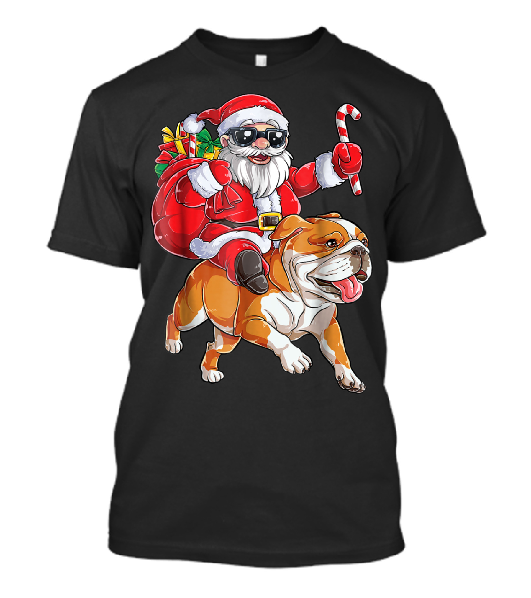 English Bulldog Santa Claus Riding With Candy Cane And Gifts Christmas Woofmas T-Shirt