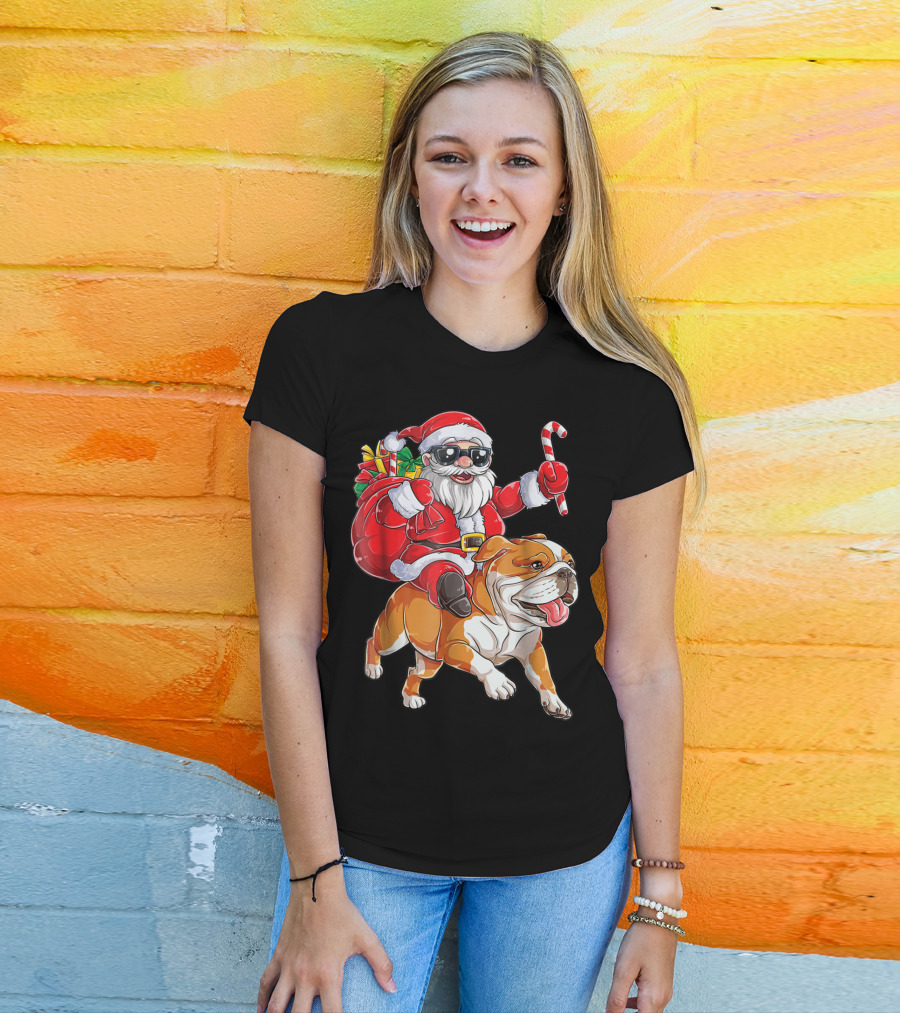 English Bulldog Santa Claus Riding With Candy Cane And Gifts Christmas Woofmas T-Shirt