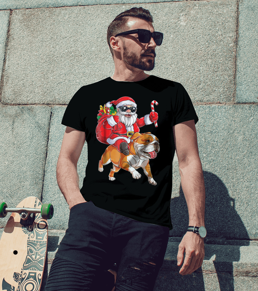 English Bulldog Santa Claus Riding With Candy Cane And Gifts Christmas Woofmas T-Shirt