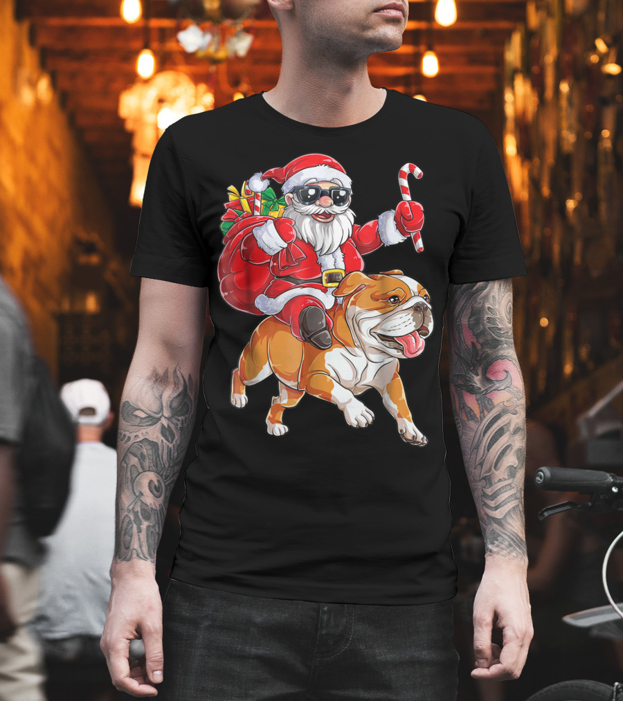 English Bulldog Santa Claus Riding With Candy Cane And Gifts Christmas Woofmas T-Shirt