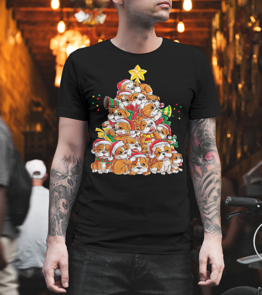 English Bulldog Xmas Tree Boys with Santa Hats and Christmas Cheer T-Shirt