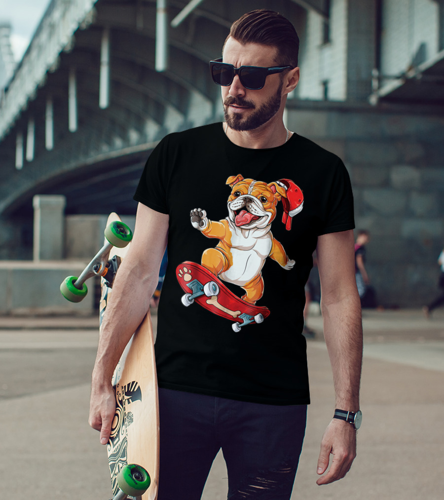 English Bulldog With Red Cap Skating On Bone Deck Skateboard T-Shirt
