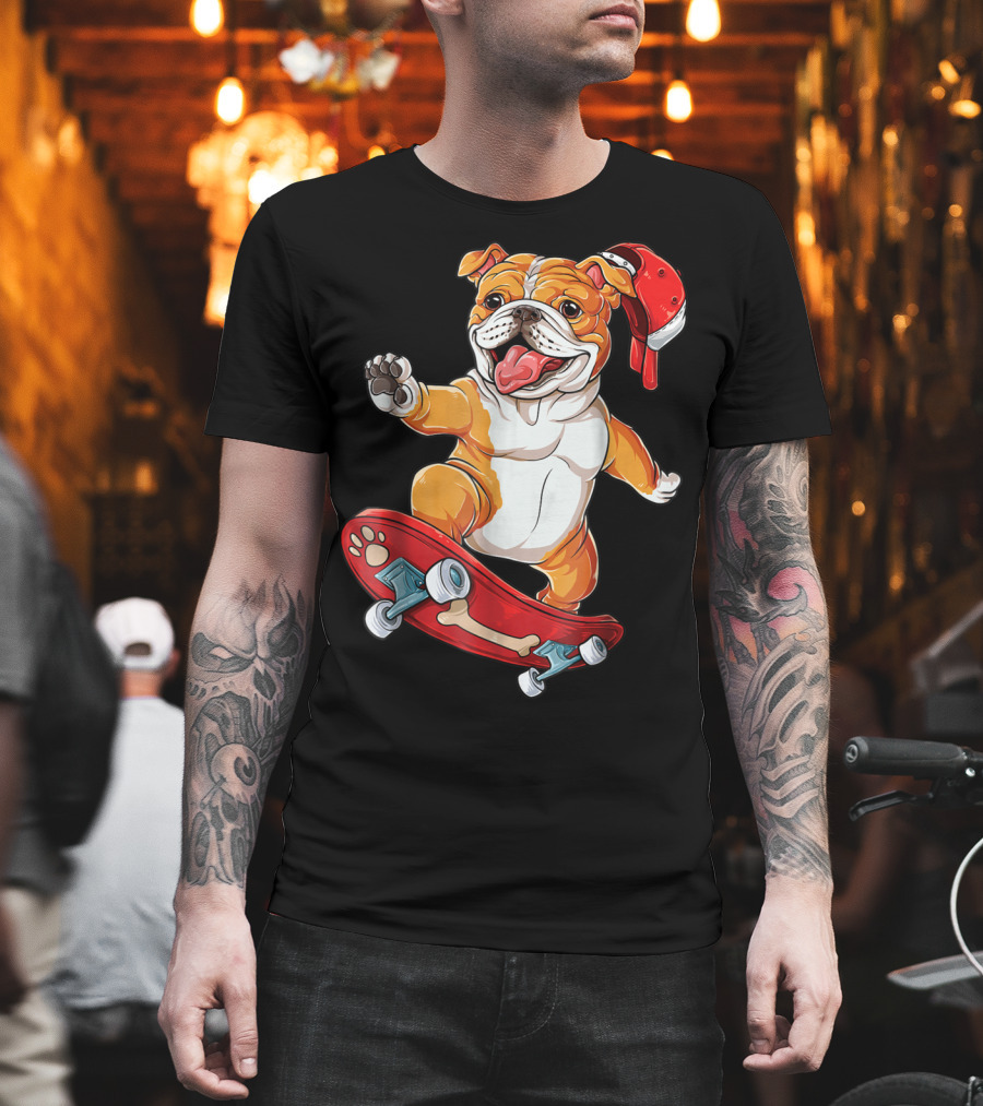 English Bulldog With Red Cap Skating On Bone Deck Skateboard T-Shirt