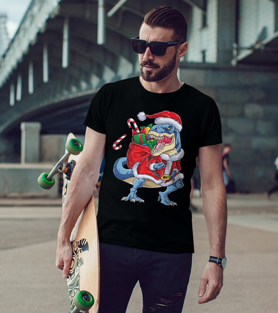 Dinosaur Christmas Boys Santa Rex With Candy Canes And Gifts T-Shirt