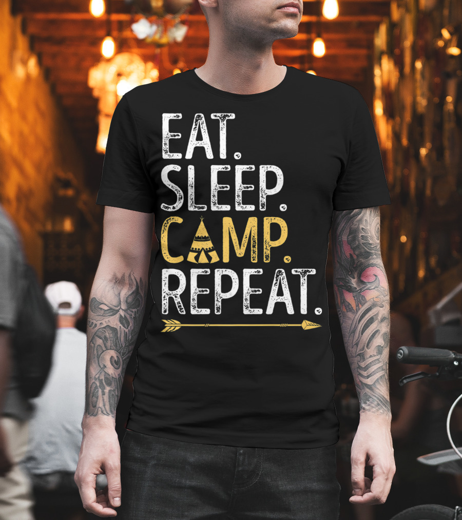 Eat Sleep Camp Repeat Camping Camper Tent Arrow T-Shirt