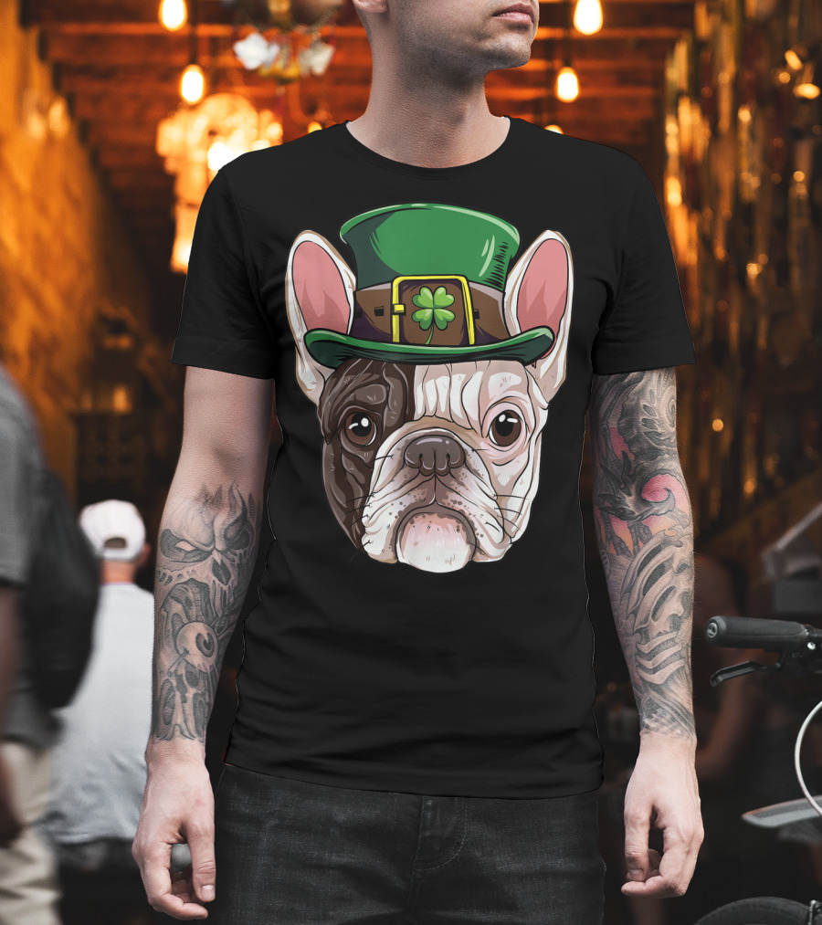 French Bulldog Leprechaun St Patricks Day Dog Wearing Green Hat with Shamrock T-Shirt