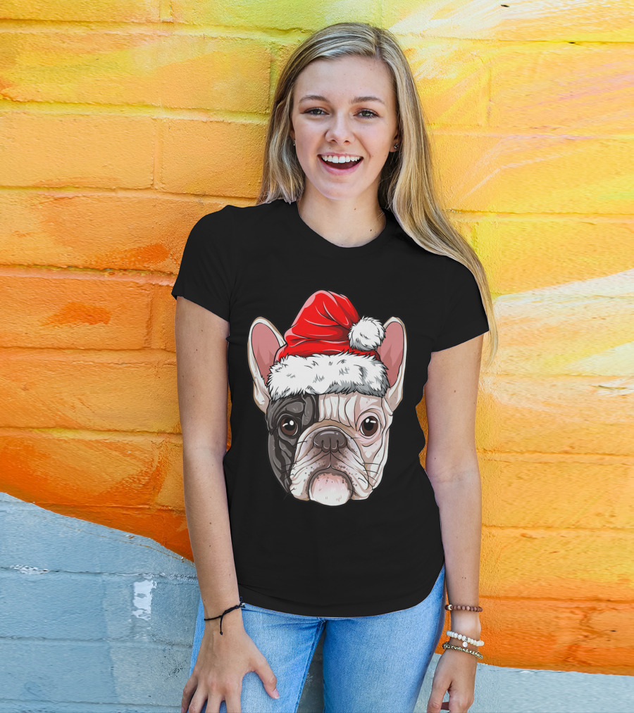 French Bulldog In Santa Hat Christmas T-Shirt