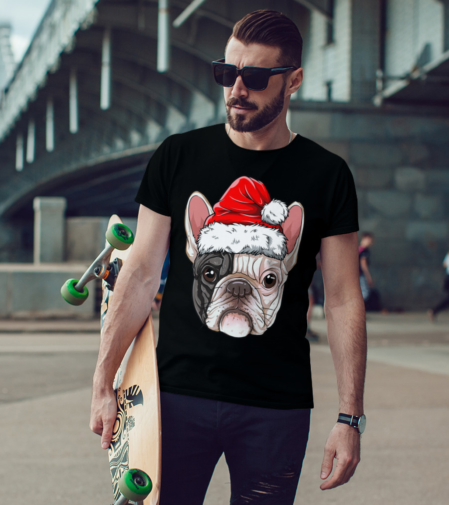 French Bulldog In Santa Hat Christmas T-Shirt