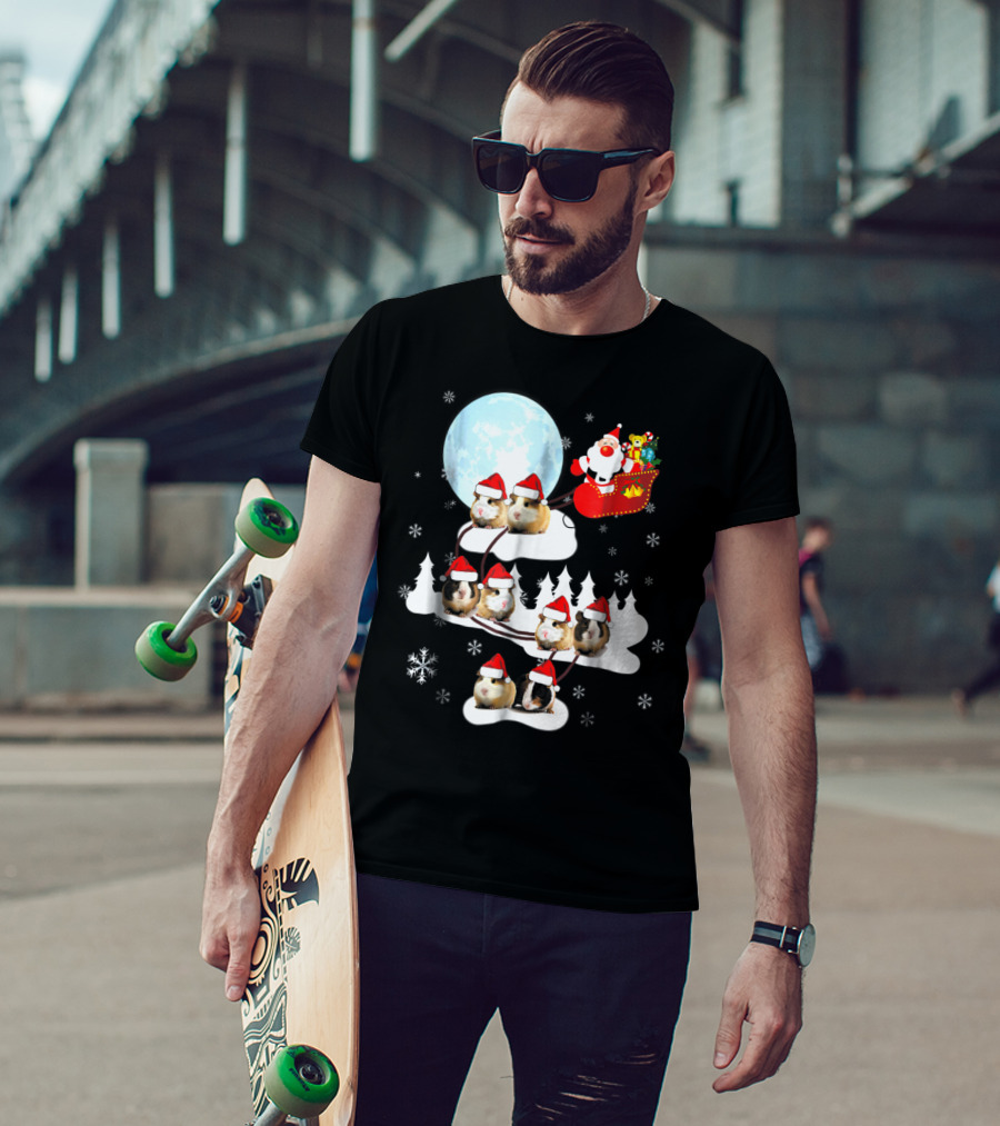 Santa Sleigh With Christmas Guinea Pigs And Snowflakes T-Shirt