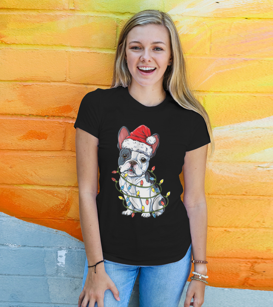 French Bulldog Christmas Santa Hat Wrapped In Xmas Lights T-Shirt