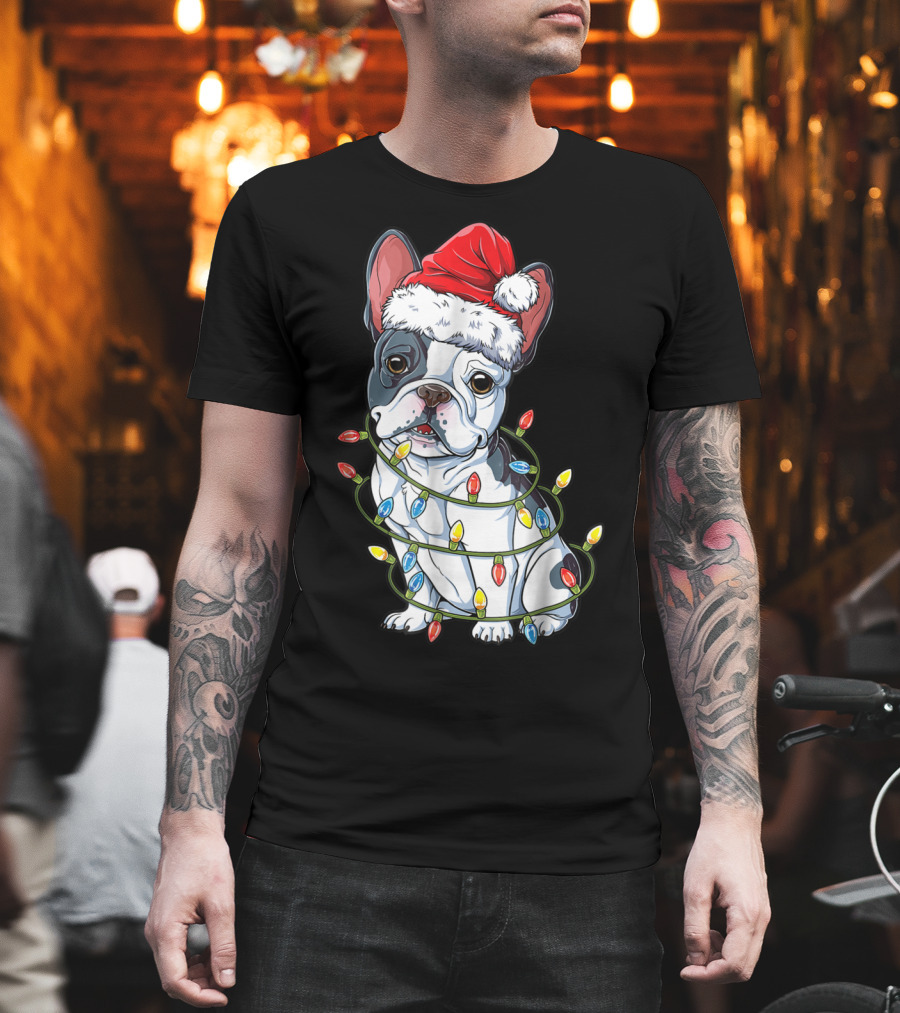 French Bulldog Christmas Santa Hat Wrapped in Xmas Lights T-Shirt