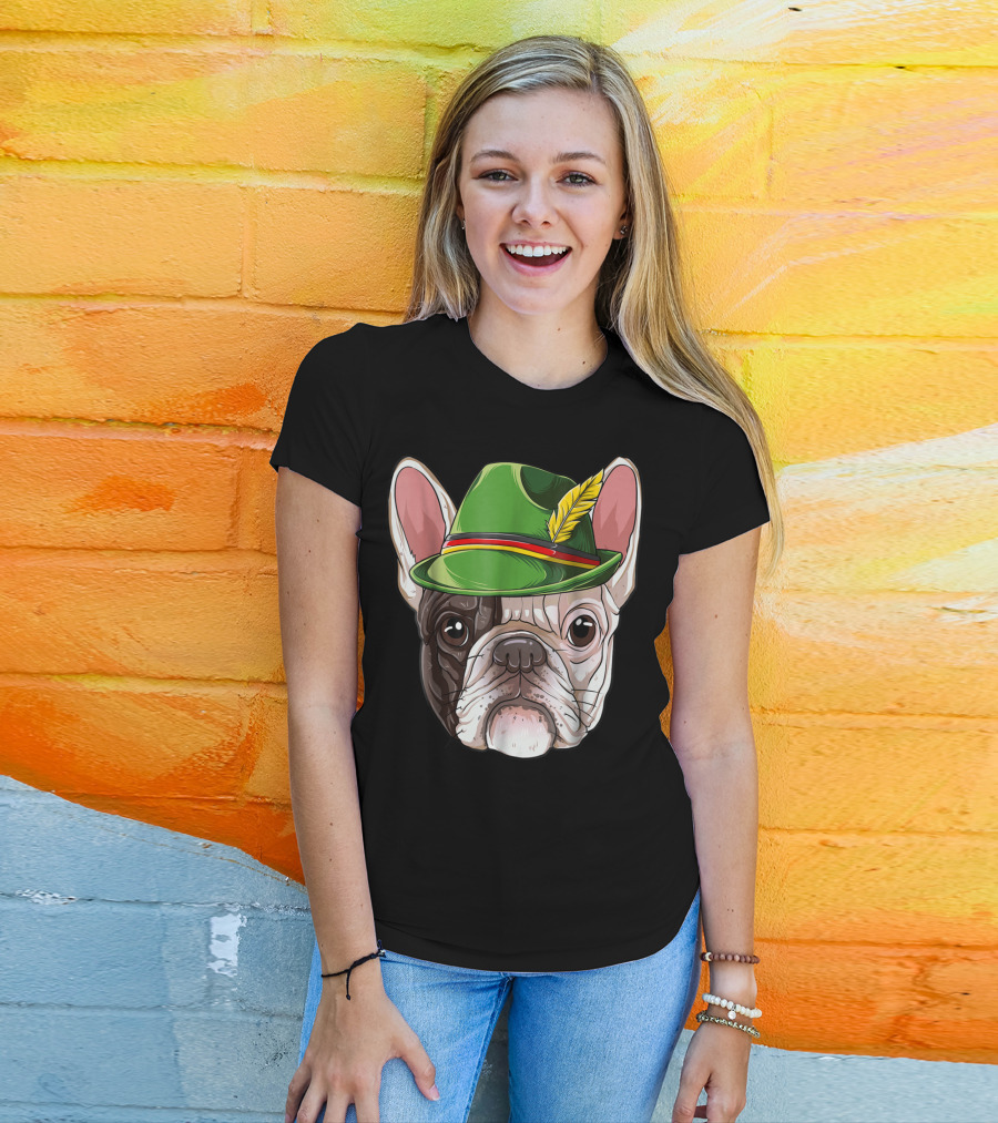 French Bulldog In Green Oktoberfest Hat With Feather T-Shirt