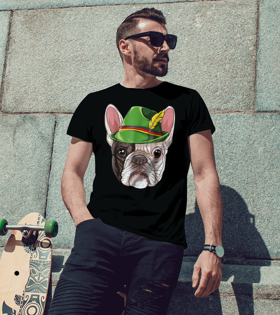 French Bulldog In Green Oktoberfest Hat With Feather T-Shirt