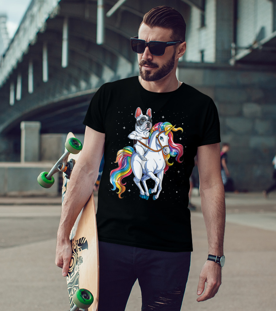 French Bulldog Riding Unicorn In Space Galaxy T-Shirt