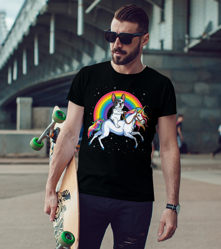 French Bulldog Riding Unicorn Rainbow Space Galaxy T-Shirt