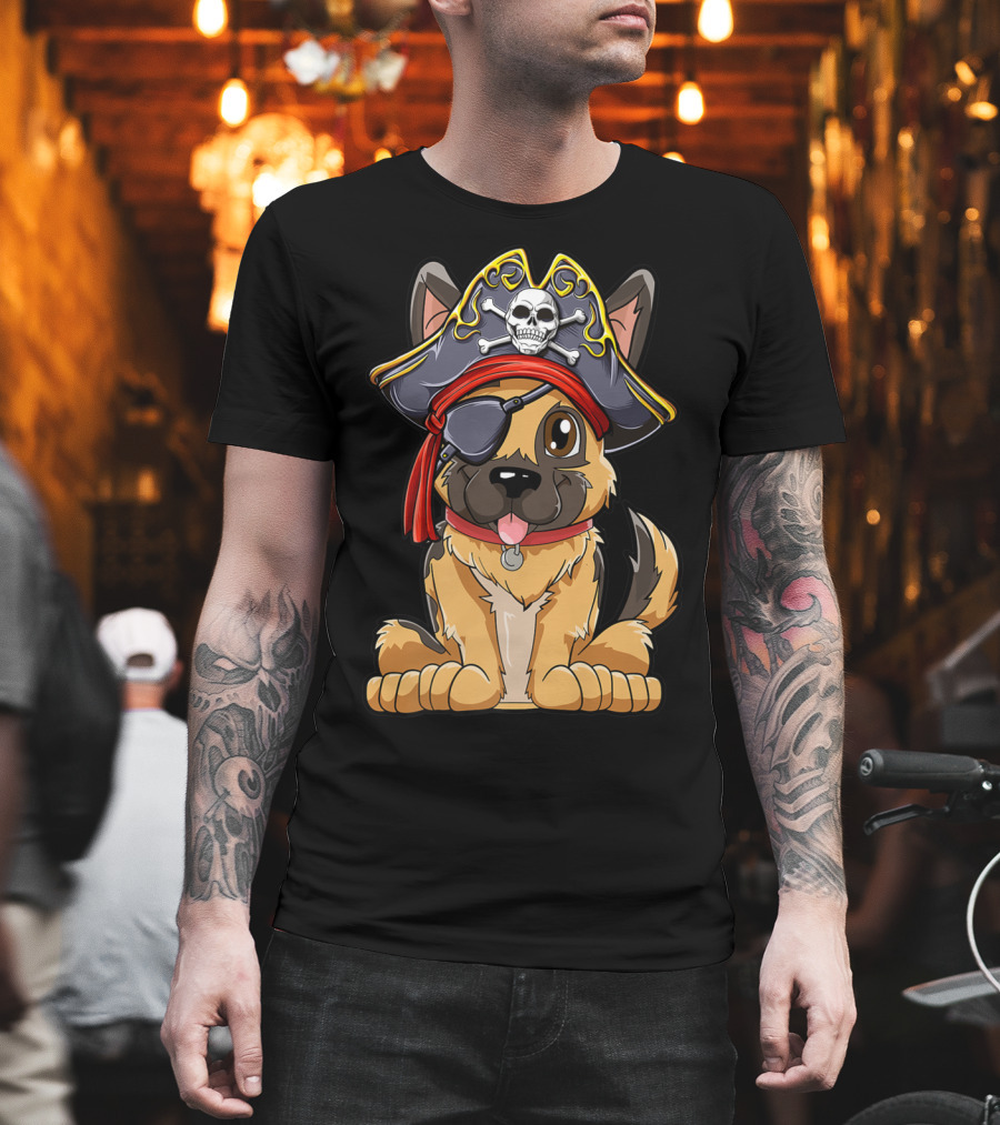 German Shepherd Pirate with Jolly Roger Skull Crossbones and Eyepatch T-Shirt