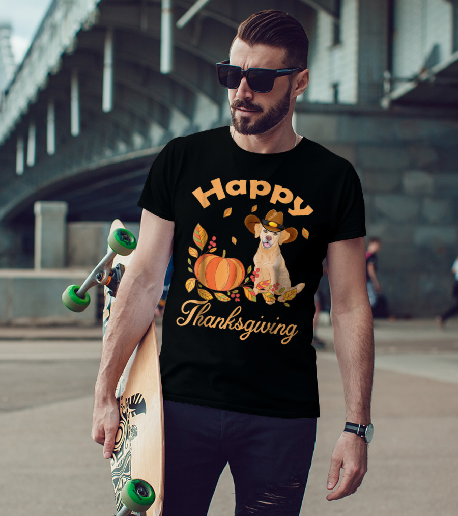Happy Thanksgiving Golden Retriever With Pumpkin And Leaves T-Shirt