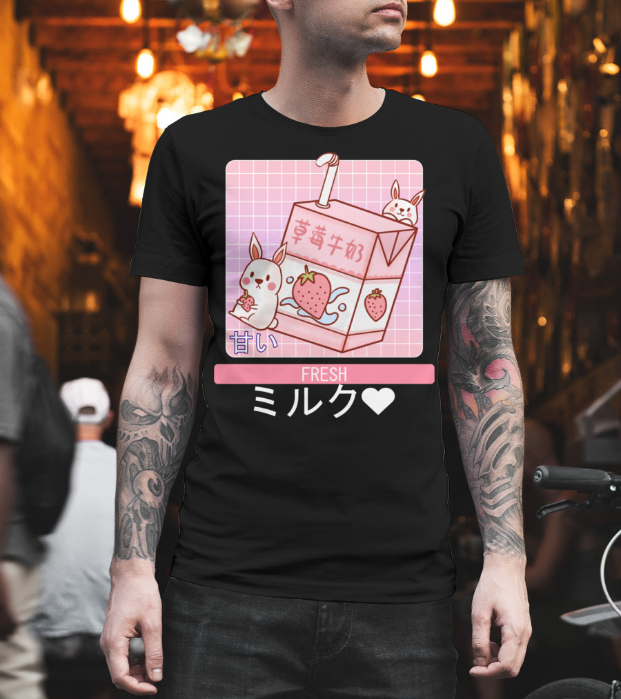 Fresh  Strawberry Milk Carton with Cute Bunny Aesthetic T-Shirt