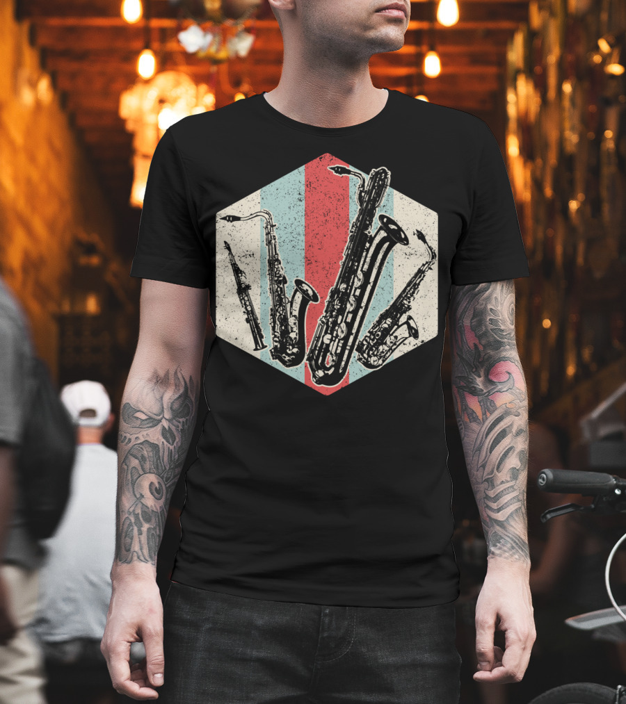 Alto Tenor Soprano Baritone Saxophone Sax Retro Hexagon T-Shirt
