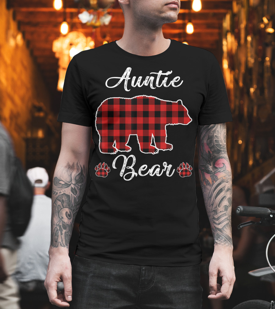 Auntie Bear Red Plaid Buffalo Christmas T-Shirt