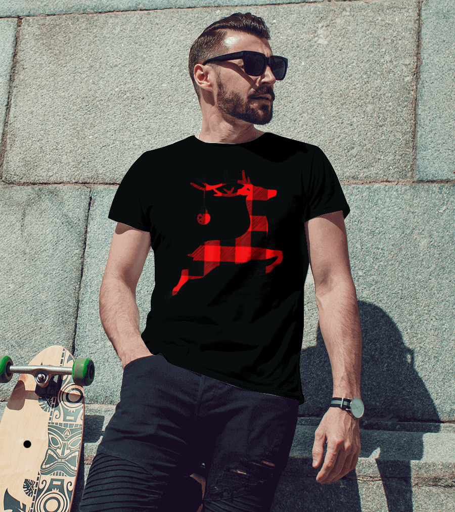 Festive Black And Red Plaid Reindeer Silhouette T-Shirt