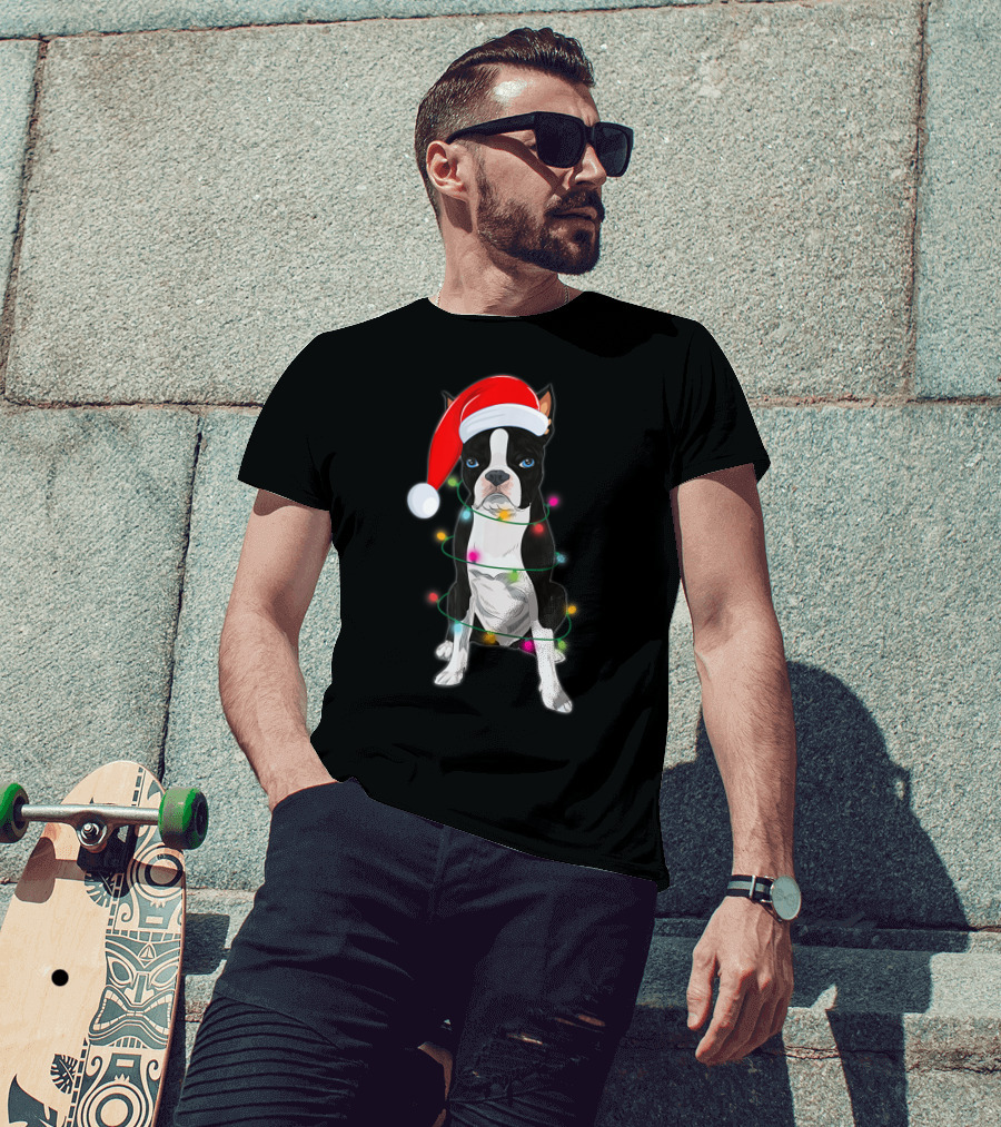Boston Terrier Wrapped In Christmas Lights With Santa Hat T-Shirt