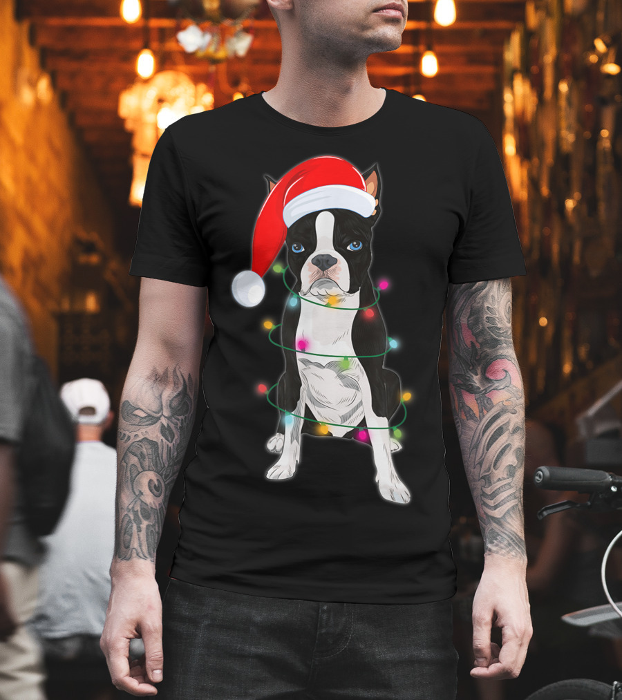 Boston Terrier Wrapped in Christmas Lights with Santa Hat T-Shirt