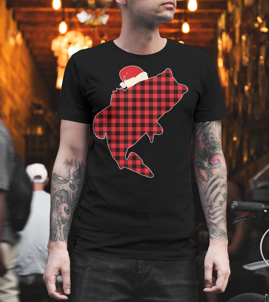 Christmas Fish Santa Hat Red Plaid Buffalo T-Shirt