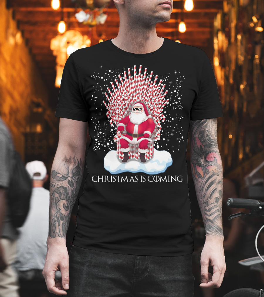 Santa on Candy Cane Throne Christmas Is Coming Snowflakes T-Shirt