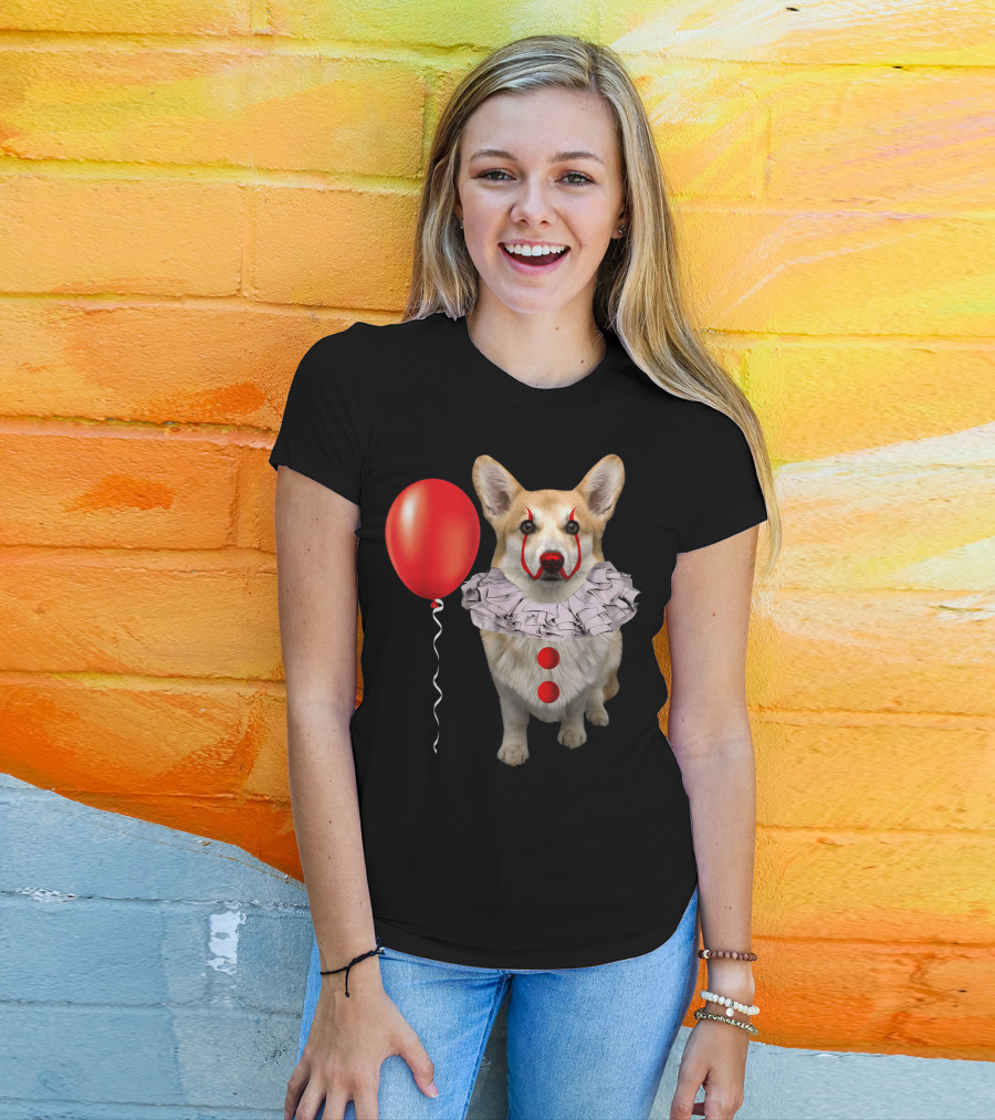 Corgi Clown Costume With Red Balloon Scary Funny Corgi T-Shirt
