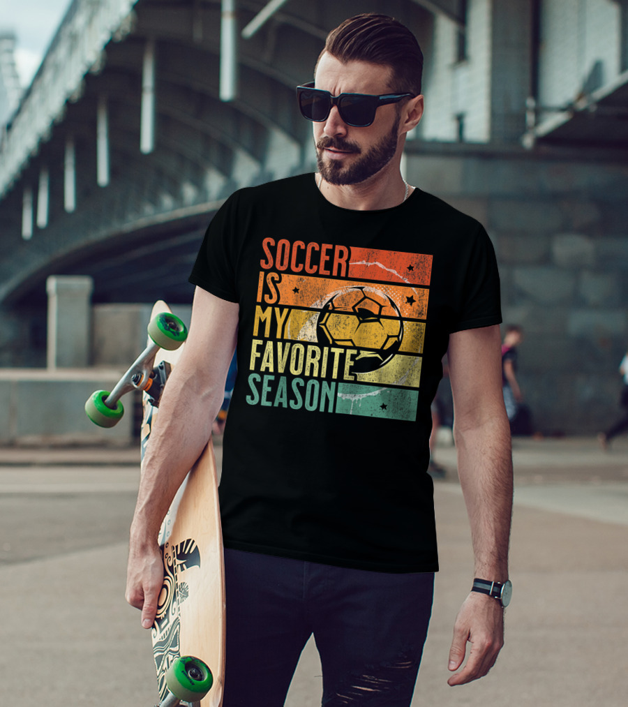 Soccer Is My Favorite Season Vintage Distressed Stripes Football Ball Retro T-Shirt