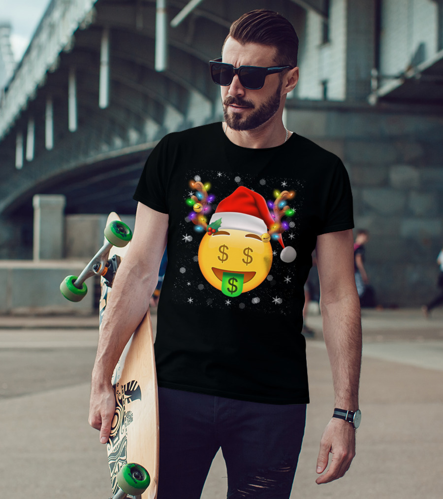 Santa Hat Reindeer Antlers Emoji Money Face T-Shirt