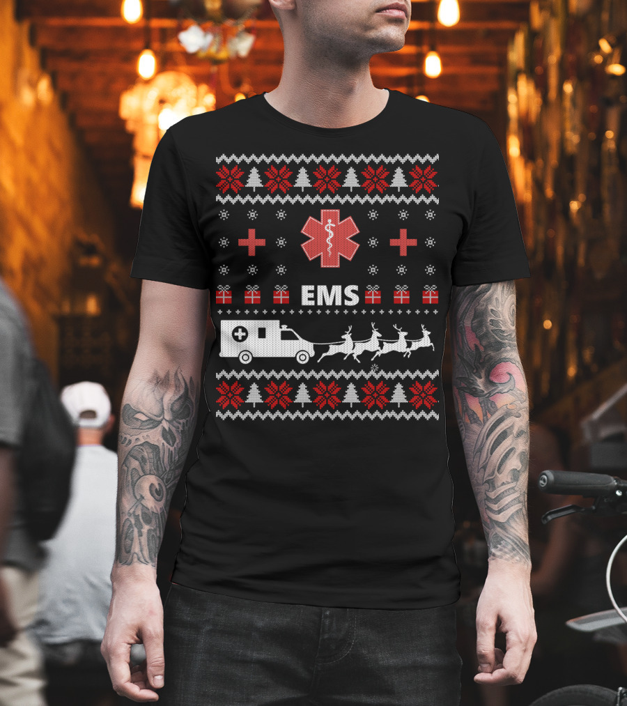 Funny EMS Christmas Ambulance Reindeer Ugly T-Shirt