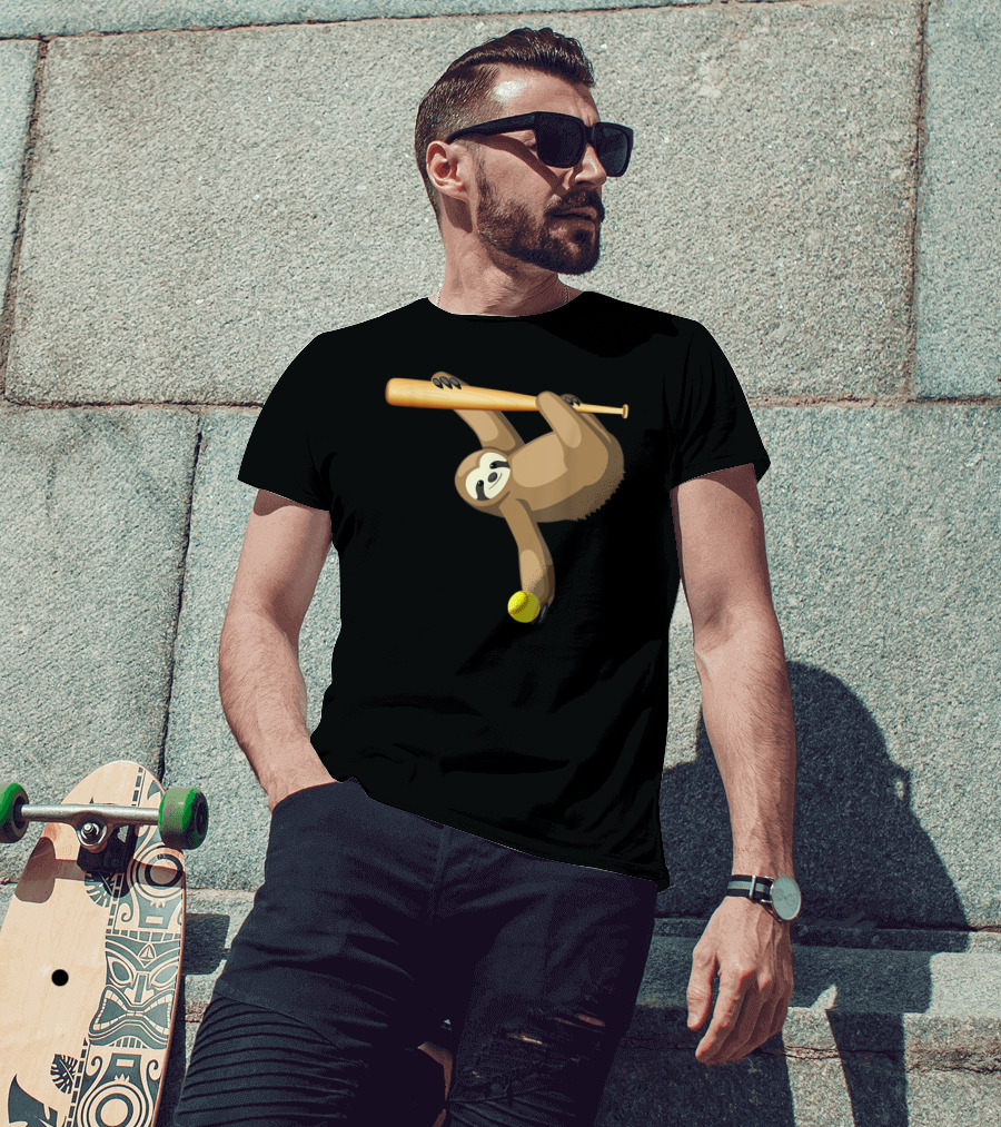 Funny Lazy Sloth Playing Baseball Softball With Bat And Ball T-Shirt