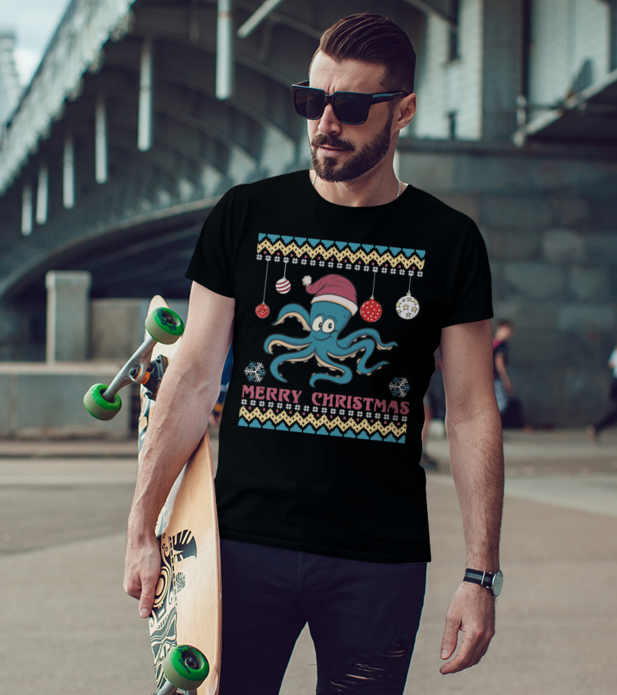 Merry Christmas Funny Octopus Santa Hat Ugly T-Shirt
