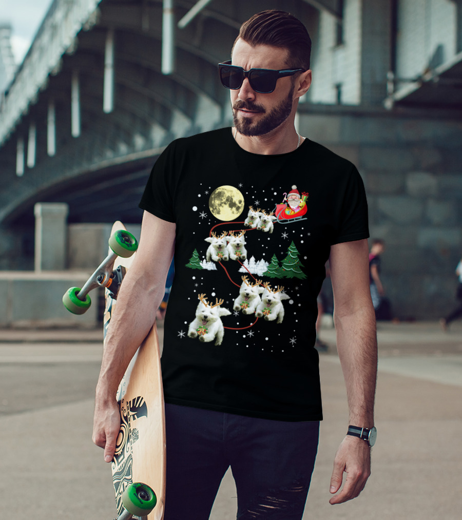 Santa's Sleigh Pulled By Funny Westie Puppies Under Moonlit Christmas Sky T-Shirt