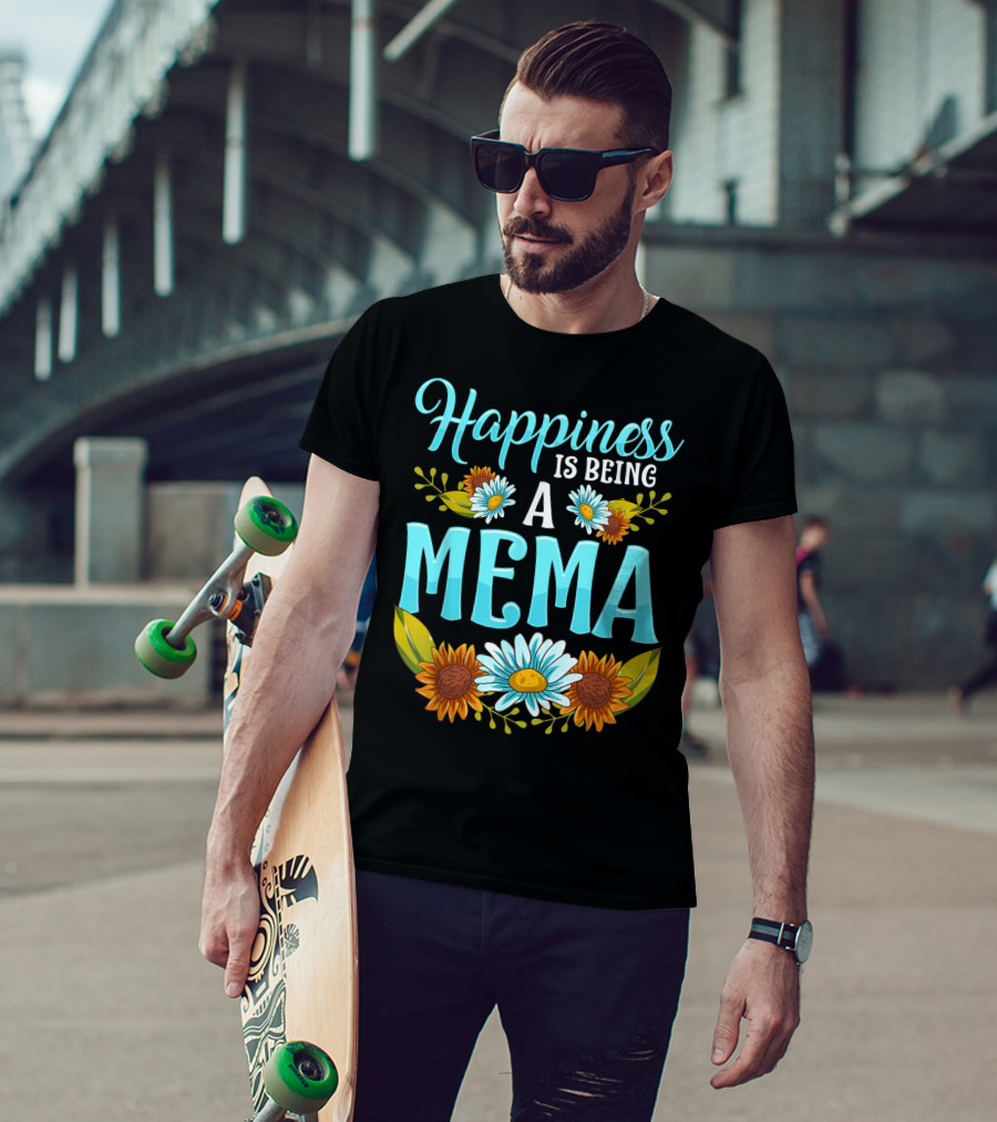 Happiness Is Being A Mema Beautiful Floral Design With Daisies And Sunflowers T-Shirt
