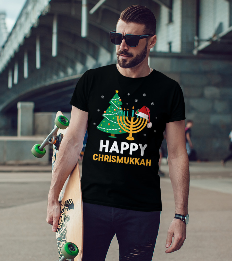 Happy Chrismukkah Funny Hanukkah Christmas Tree Menorah Santa Hat Snowflakes T-Shirt